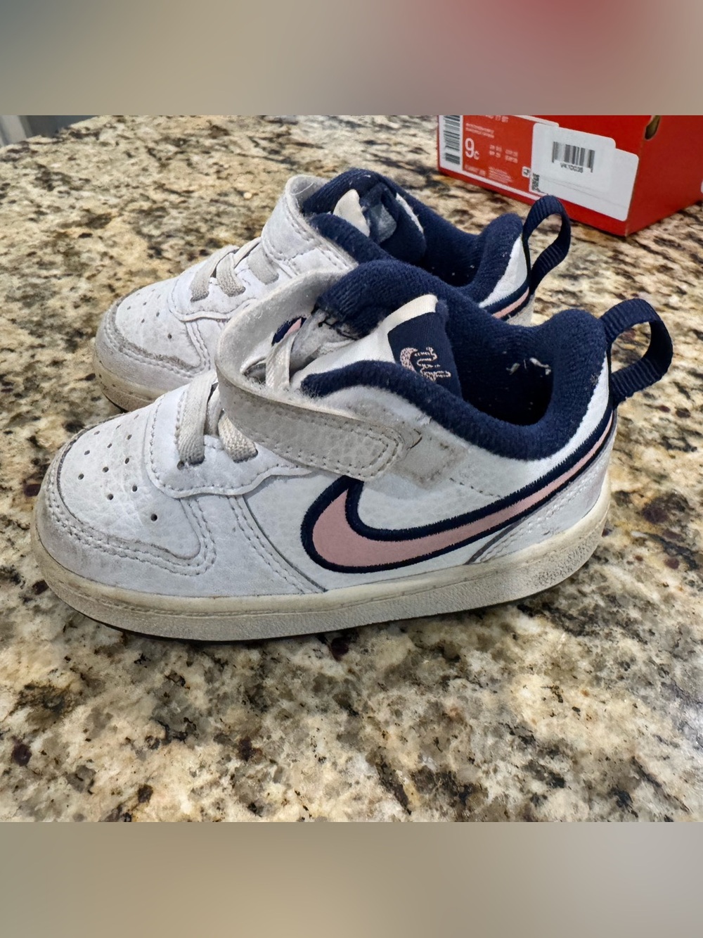 Nike Kids White Sneakers with Pink Swoosh and Navy Trim
